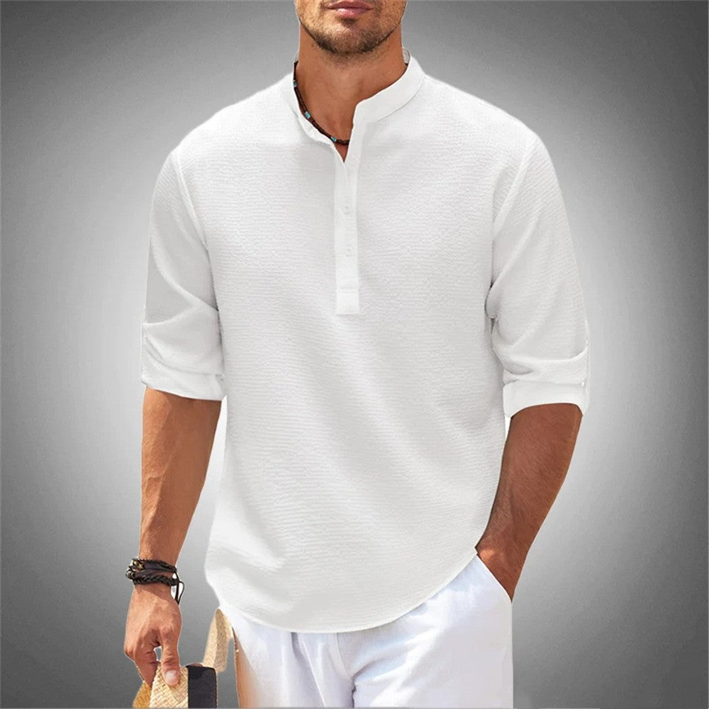 Long Sleeve Standing Collar Open Button Down Plaid Men's Shirt