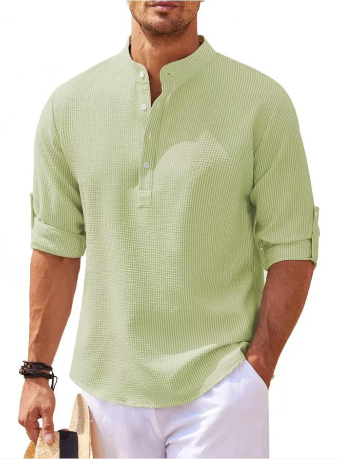 Long Sleeve Standing Collar Open Button Down Plaid Men's Shirt