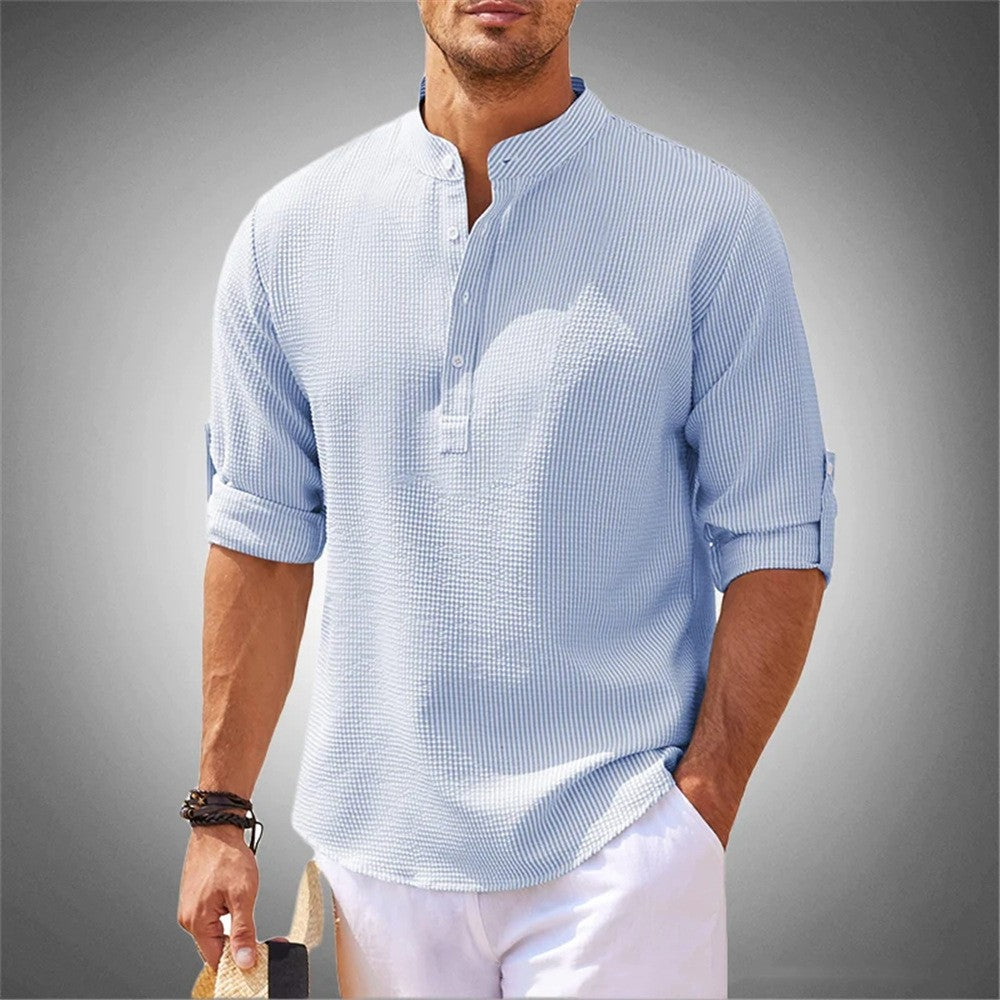 Long Sleeve Standing Collar Open Button Down Plaid Men's Shirt