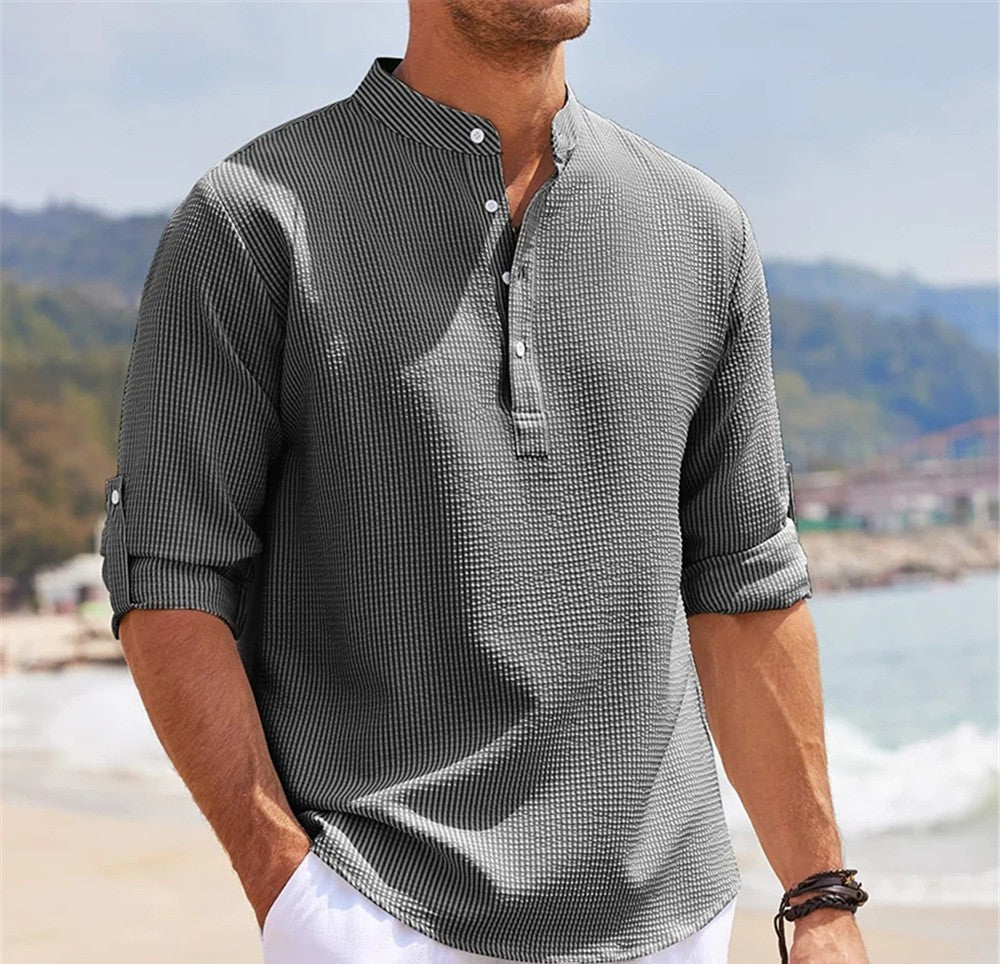 Long Sleeve Standing Collar Open Button Down Plaid Men's Shirt