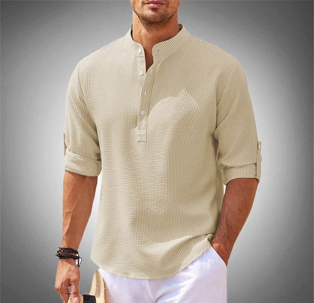 Long Sleeve Standing Collar Open Button Down Plaid Men's Shirt