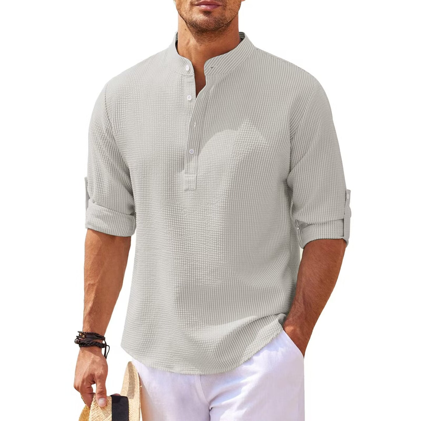Long Sleeve Standing Collar Open Button Down Plaid Men's Shirt