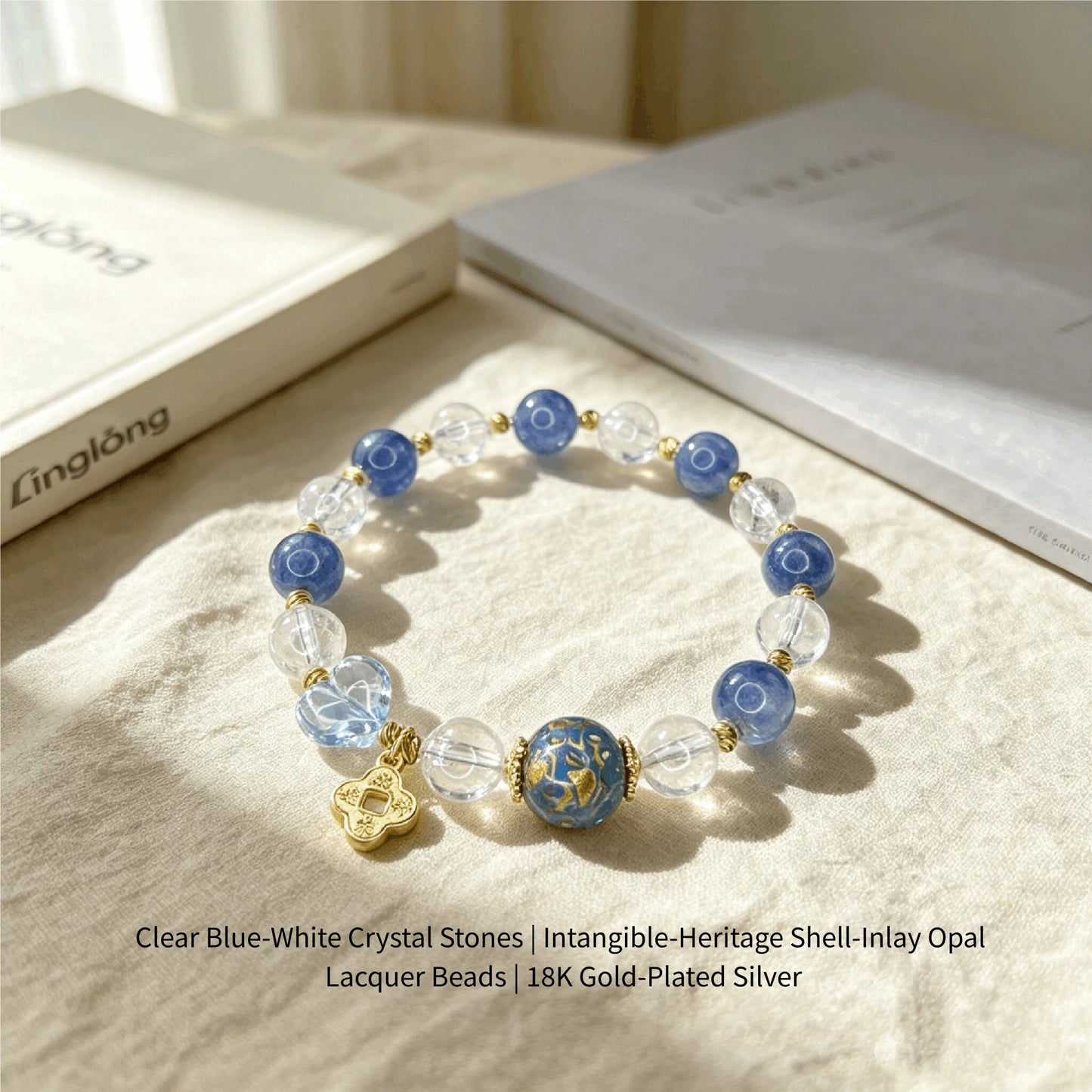 Celestial Blue Crystal Bracelet with Mother-of-Pearl Lacquer Bead, White Phantom Quartz & Aquamarine Heart Charm | Handmade Spiritual Jewelry