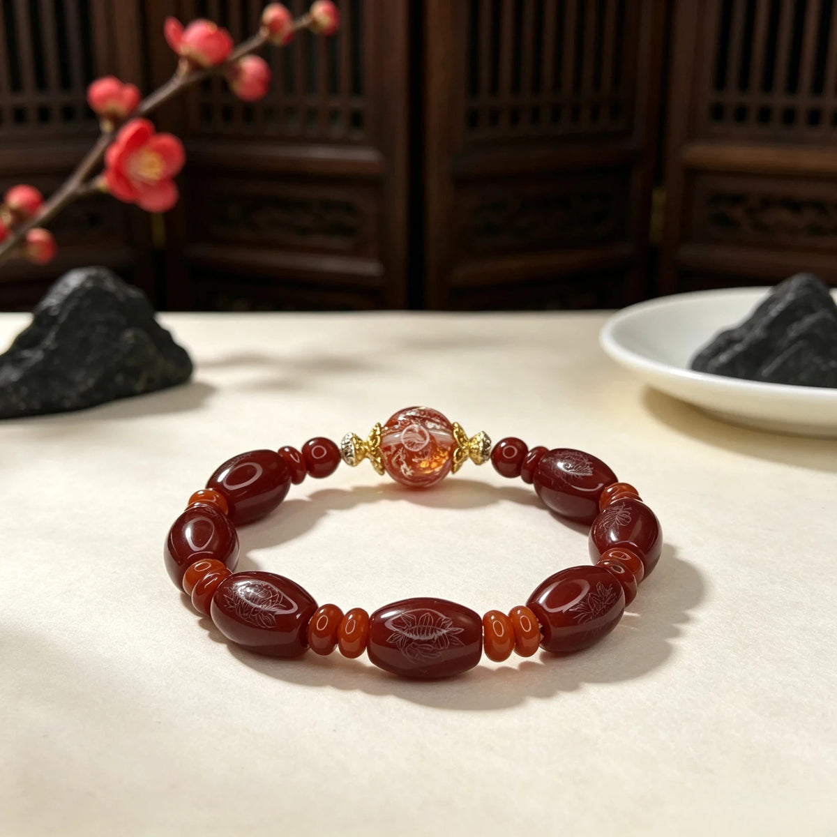 Natural Red Agate Bracelet with Gold-Foil Koi Accent | Eastern-Inspired Gemstone Jewelry