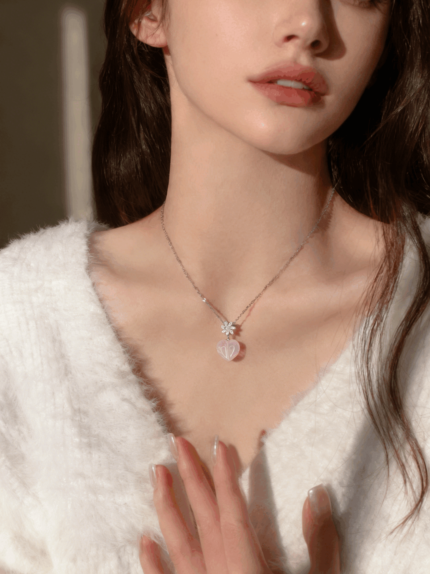 Misty Pink Starlight Natural Rose Quartz Heart Necklace