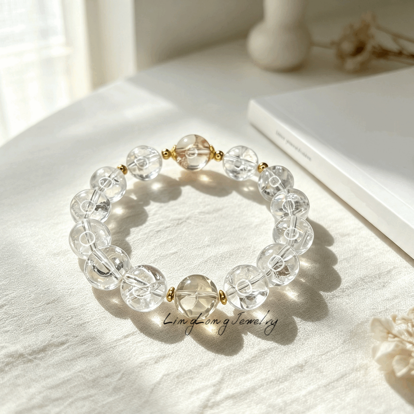 Rainbow Aurora Crystal Bracelet | Natural White Asai Quartz Bracelet with 18K Gold Accents