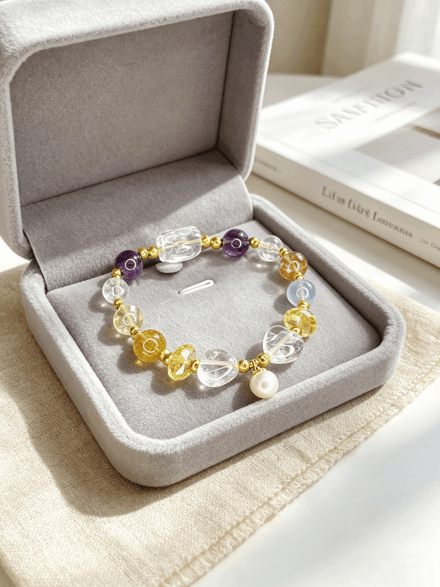 Natural Mixed Crystal Healing Bracelet 8–14mm White Phantom Aquamarine Citrine Jewelry with 18K Gold Clad Silver & Pearls