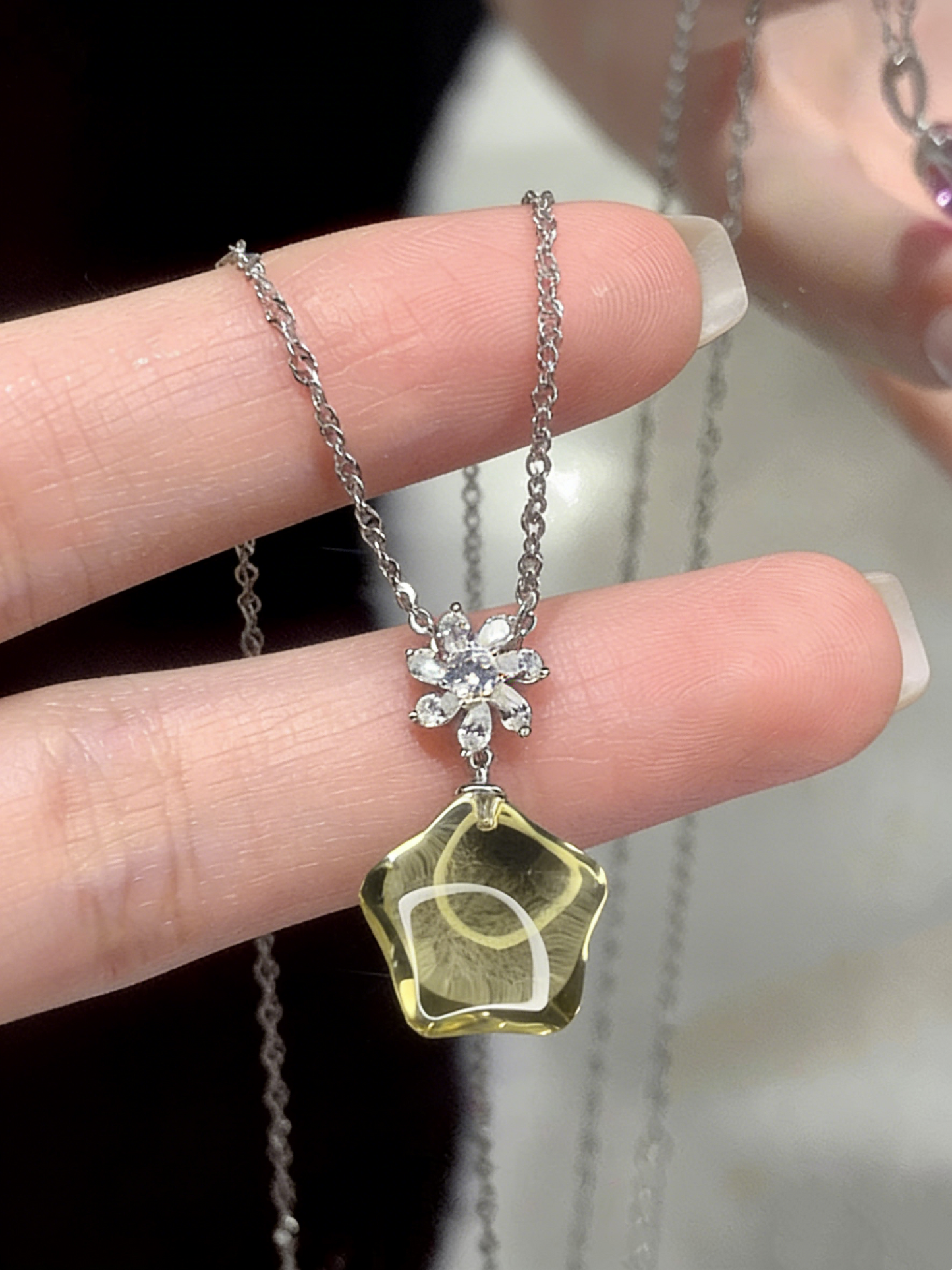Natural Starlight Citrine Necklace 15mm Star Cut Crystal Pendant Platinum Plated Sterling Silver Jewelry