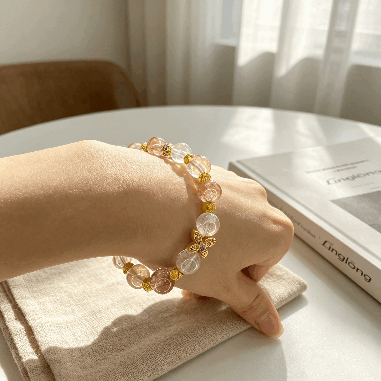 Natural Crystal Bracelet for Women | Citrine Rose Quartz White Phantom Quartz Beaded Bracelet | Oriental Luxury Jewelry Gift