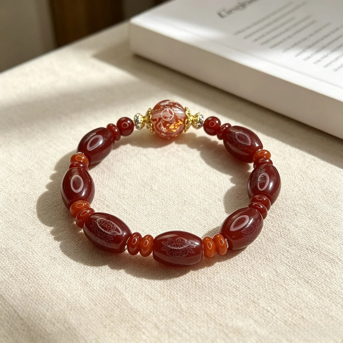 Natural Red Agate Bracelet with Gold-Foil Koi Accent | Eastern-Inspired Gemstone Jewelry