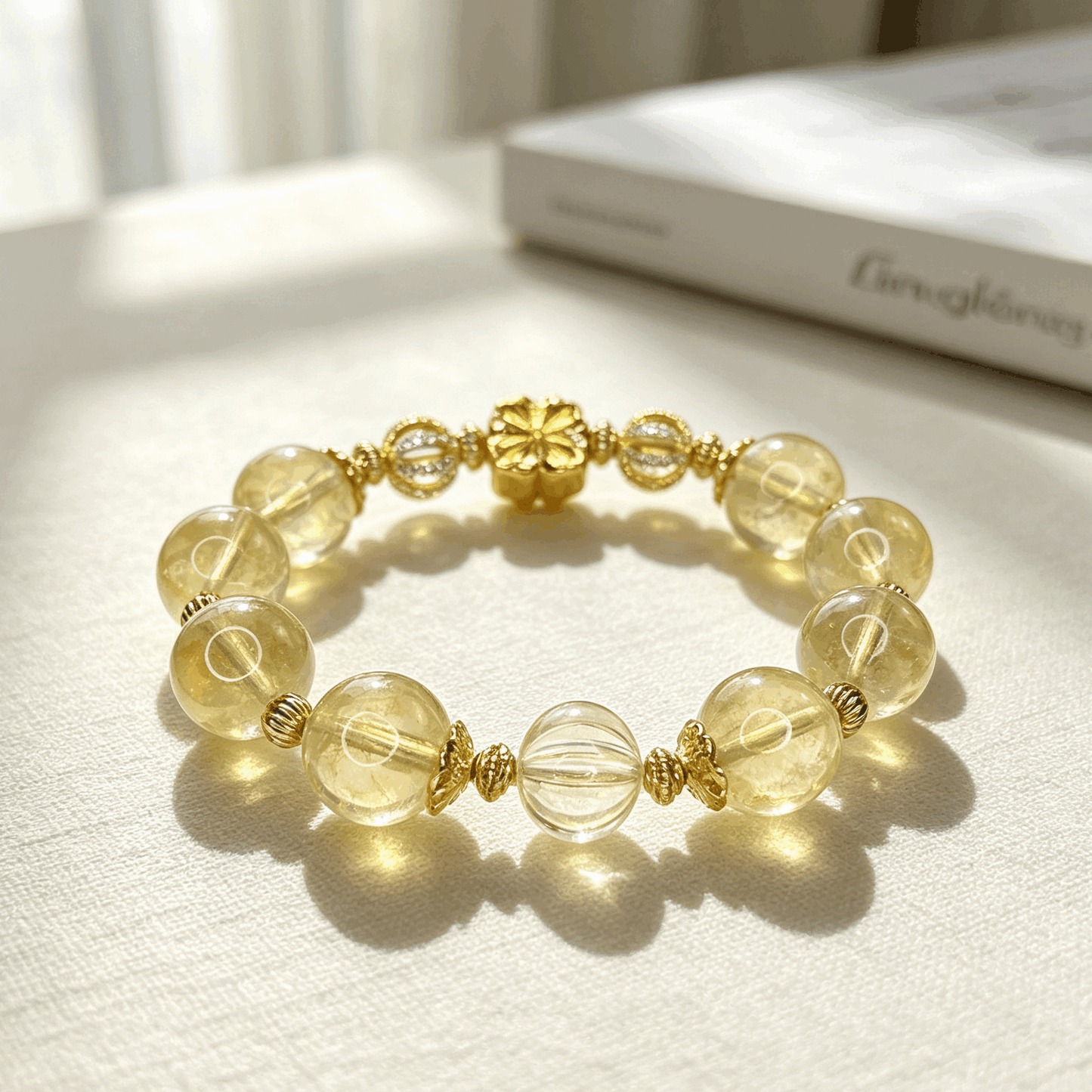 Natural Yellow Azeztulite Crystal Bracelet 12mm+ | Luxury Gold Plated Gemstone Bracelet with CZ Accents | Handmade Elegant Jewelry Gift for Women