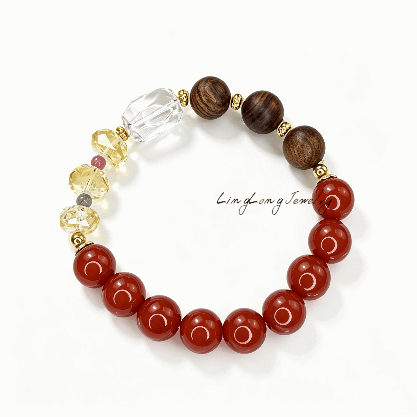 Red Flame Sandalwood Citrine Crystal Bracelet, Multi Gemstone Beaded Bracelet with AU750 18K Gold Spacers, Clear Quartz Oriental Fashion Jewelry for Women