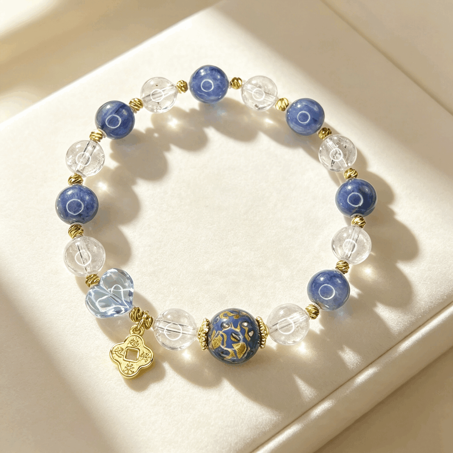 Celestial Blue Crystal Bracelet with Mother-of-Pearl Lacquer Bead, White Phantom Quartz & Aquamarine Heart Charm | Handmade Spiritual Jewelry