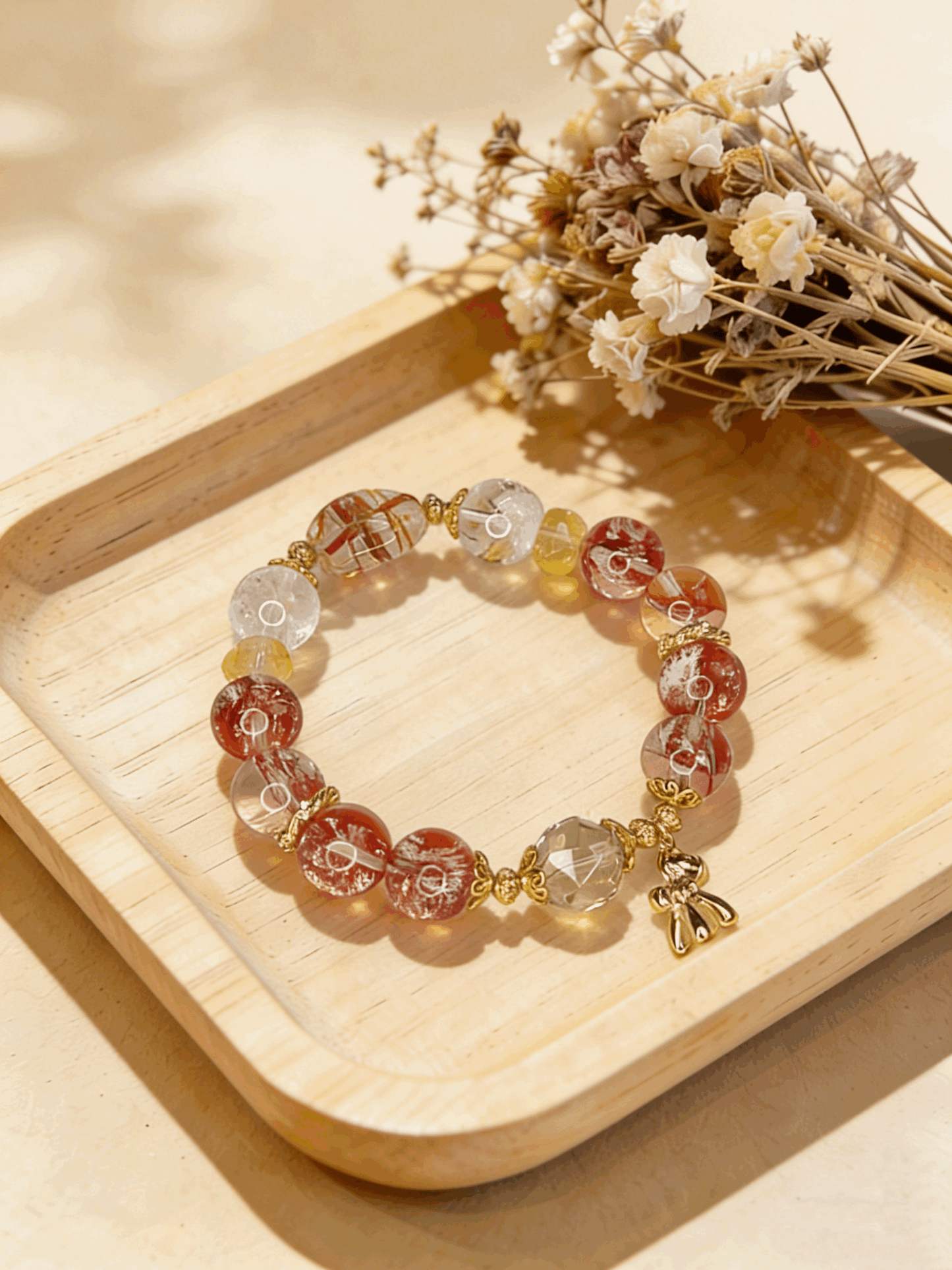 Natural Red Phantom Quartz Multi Stone Bracelet Gold Pony Charm Jewelry