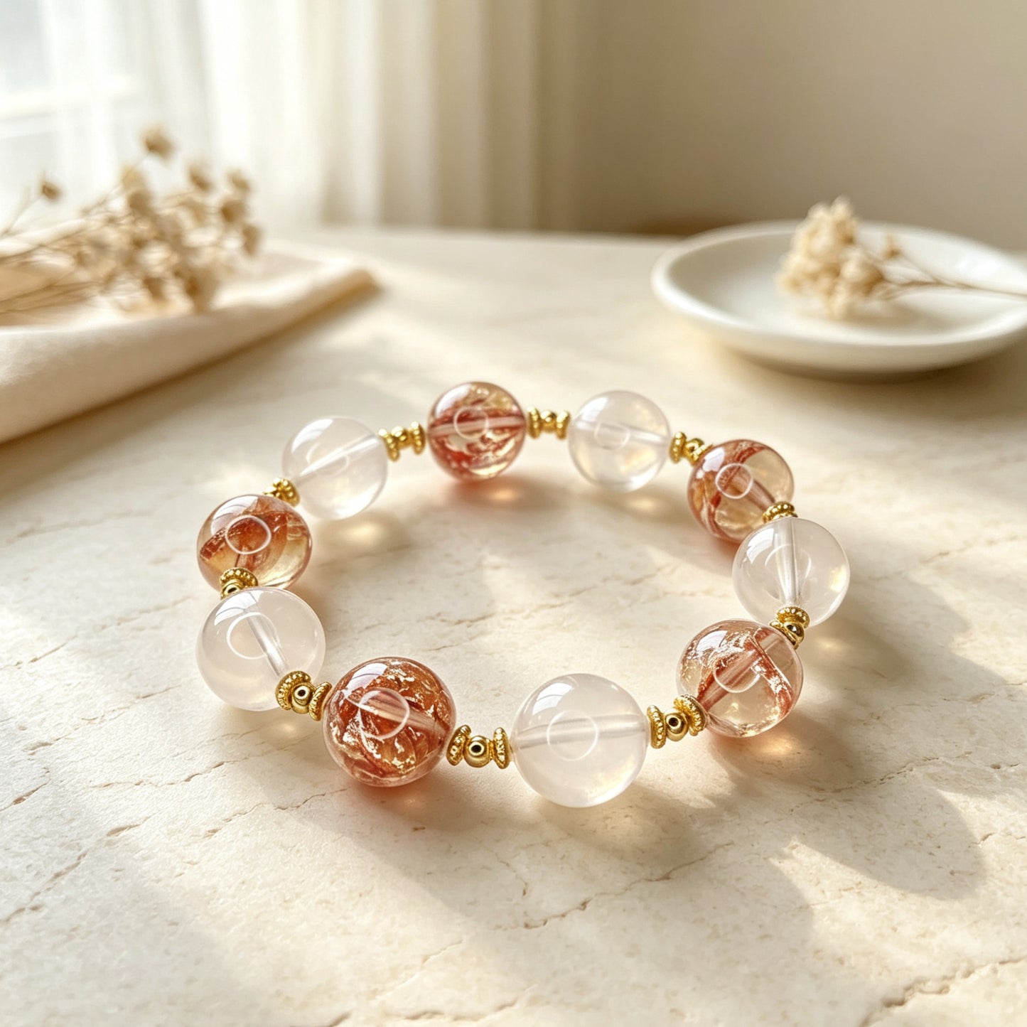 Golden Koi Radiance Bracelet | Natural Golden Koi Flower Quartz & White Crystal Luxury Gemstone Bracelet