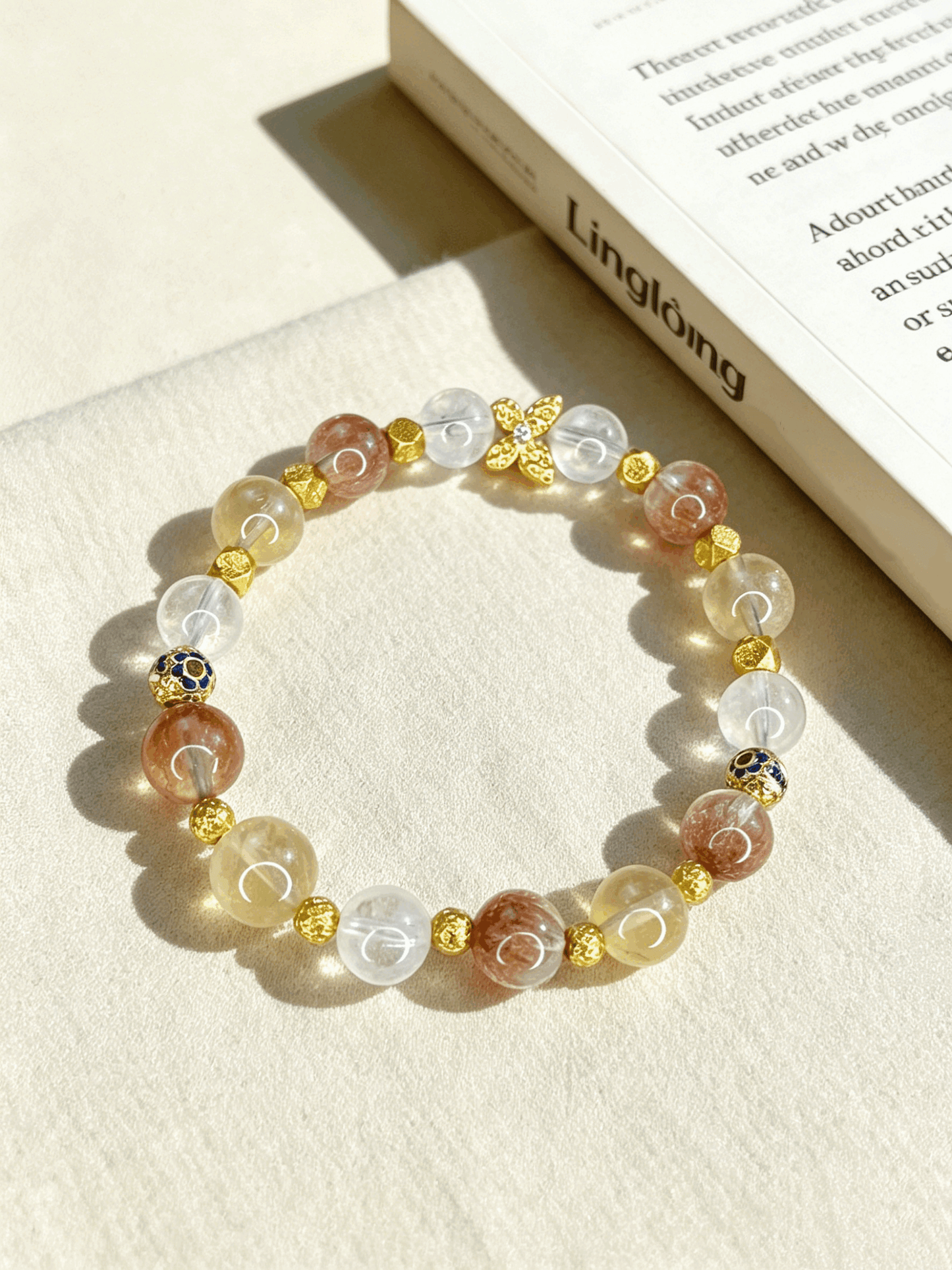Natural Crystal Bracelet for Women | Citrine Rose Quartz White Phantom Quartz Beaded Bracelet | Oriental Luxury Jewelry Gift