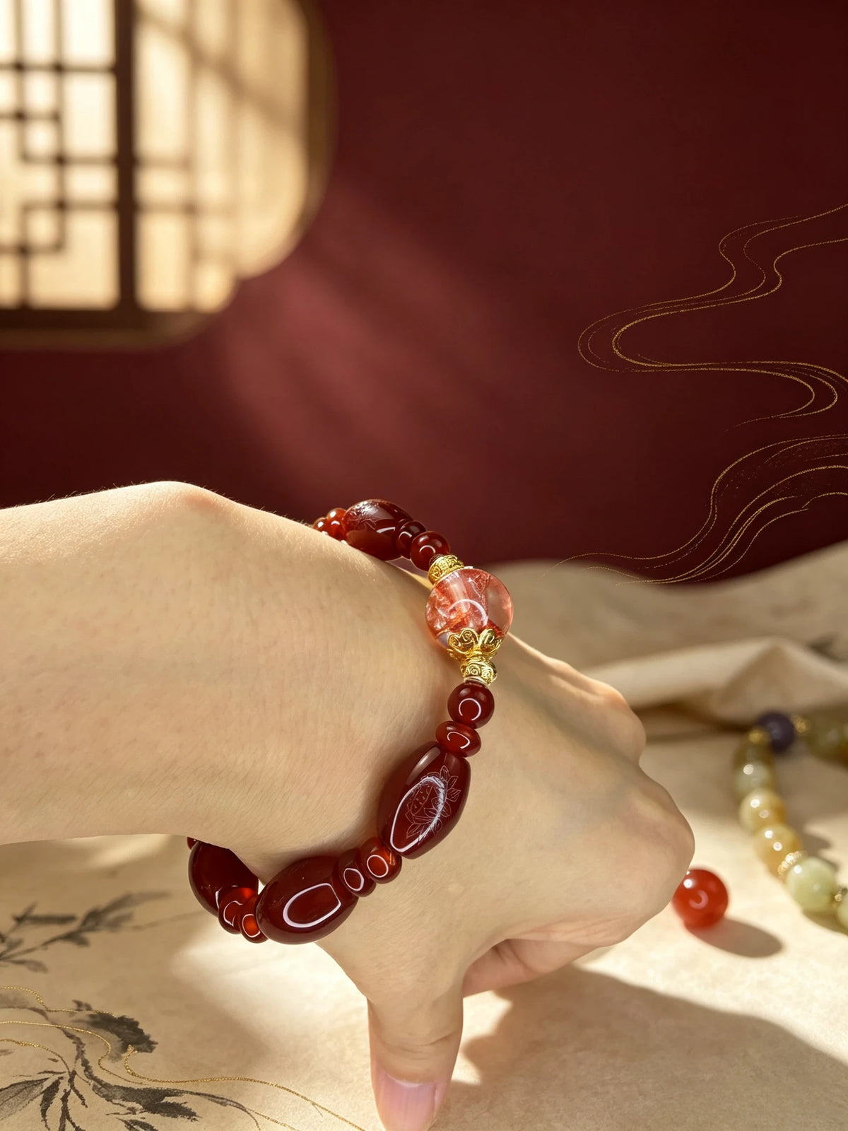 Natural Red Agate Bracelet with Gold-Foil Koi Accent | Eastern-Inspired Gemstone Jewelry