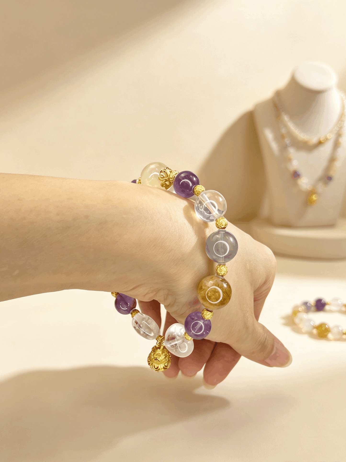 Natural Crystal Multi Stone Bracelet with 18K Gold Plated Silver | Purple Phantom Amethyst, Clear Quartz & Gemstone Jewelry