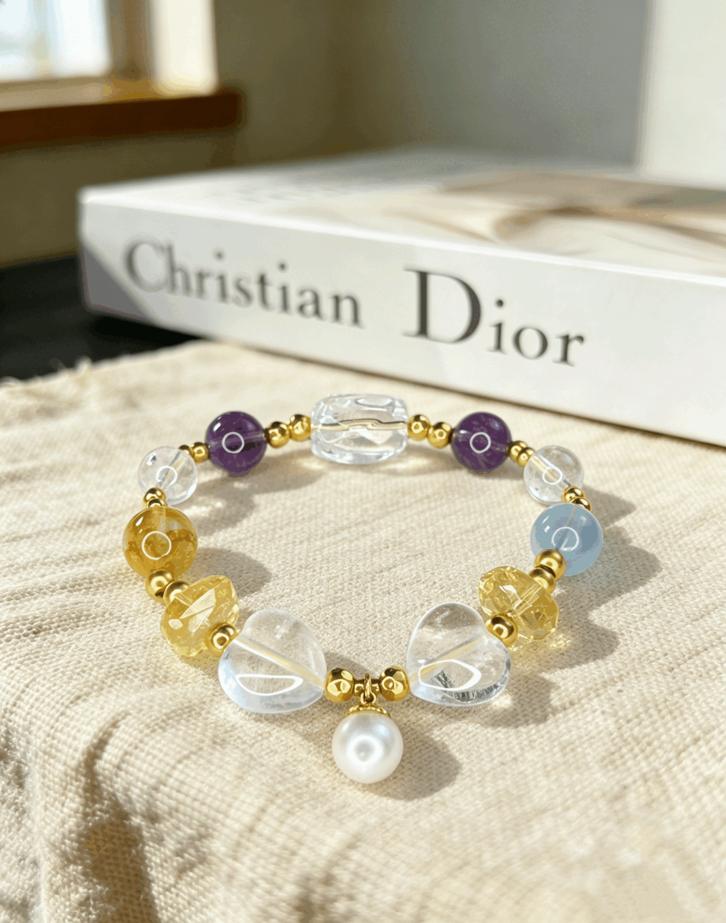 Natural Mixed Crystal Healing Bracelet 8–14mm White Phantom Aquamarine Citrine Jewelry with 18K Gold Clad Silver & Pearls