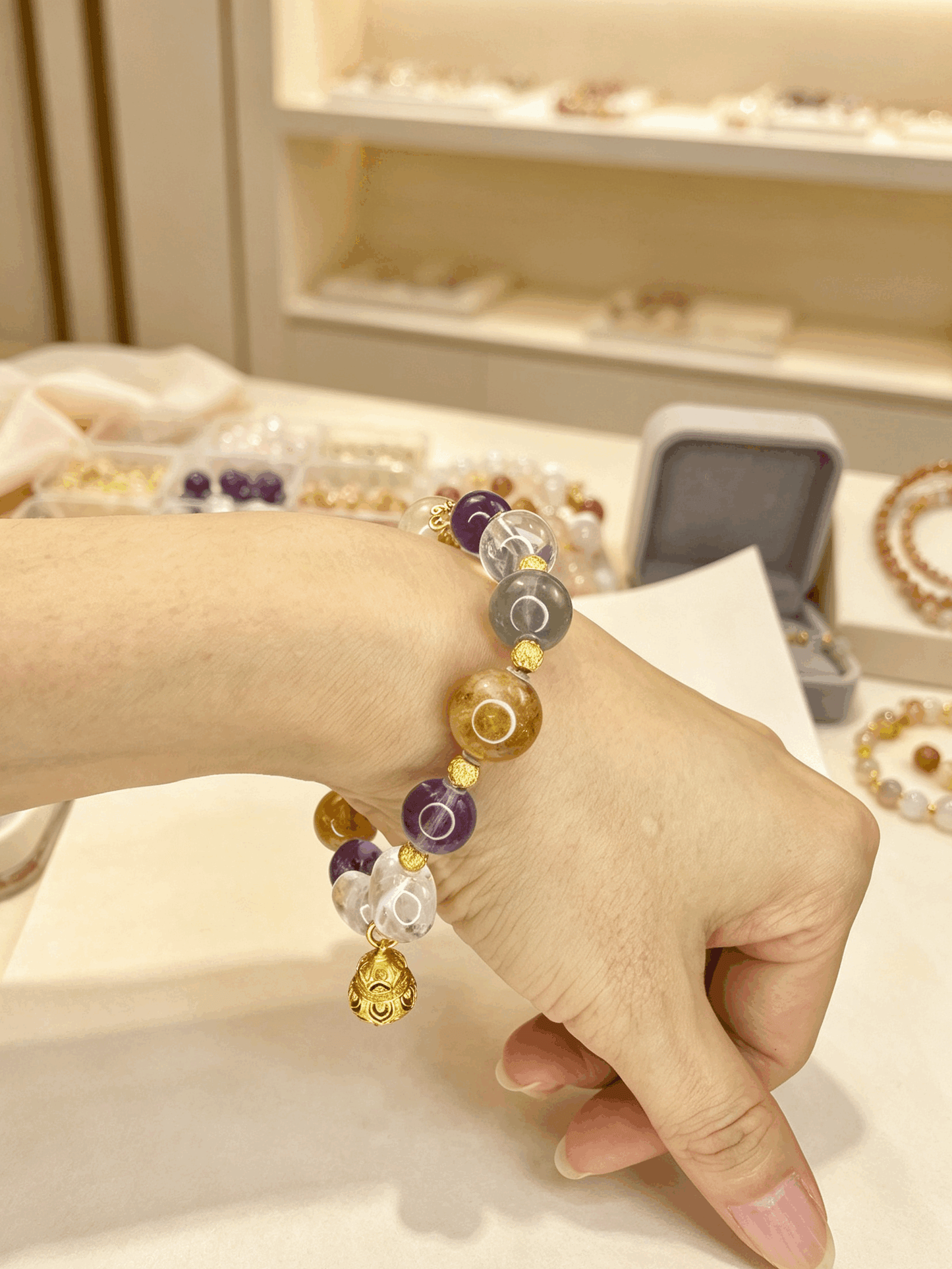 Natural Crystal Multi Stone Bracelet with 18K Gold Plated Silver | Purple Phantom Amethyst, Clear Quartz & Gemstone Jewelry