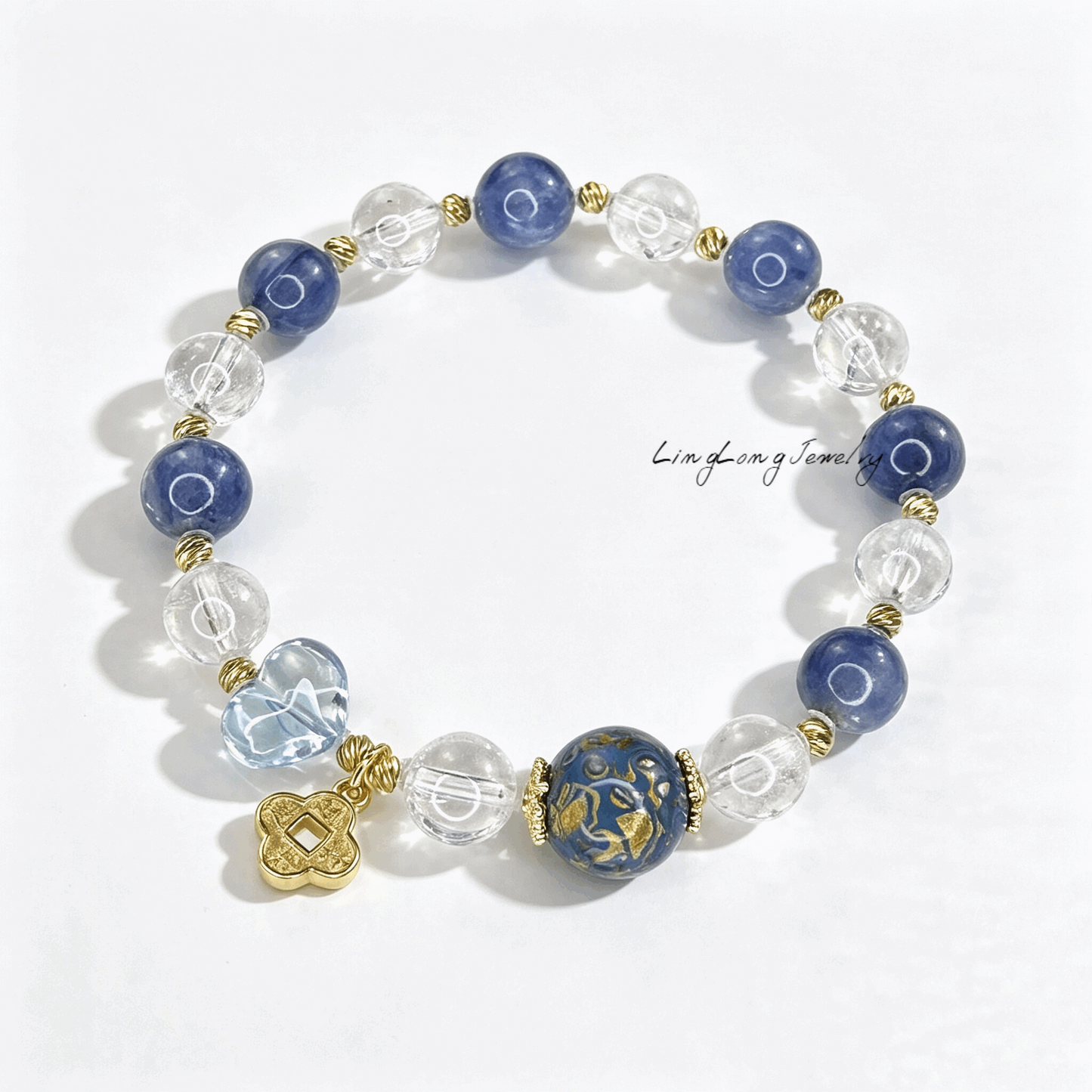 Celestial Blue Crystal Bracelet with Mother-of-Pearl Lacquer Bead, White Phantom Quartz & Aquamarine Heart Charm | Handmade Spiritual Jewelry