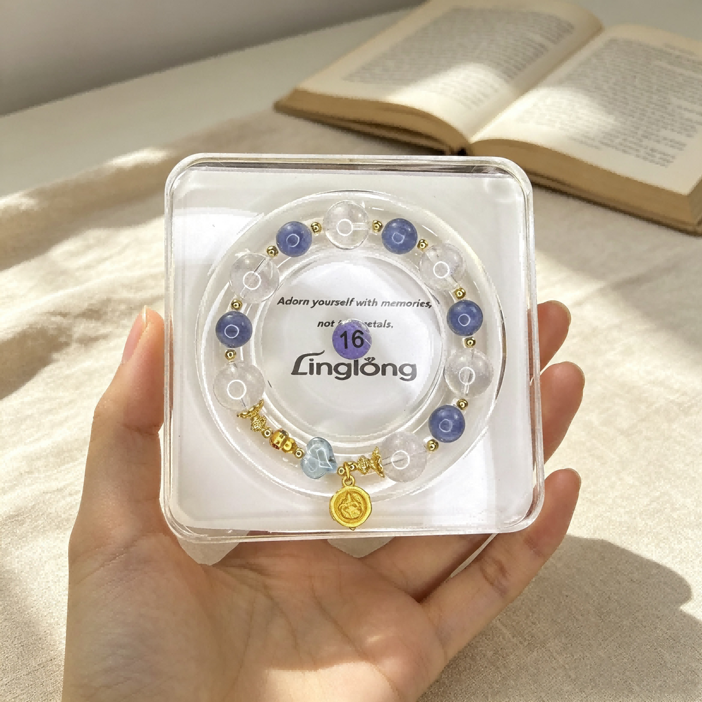 White Phantom & Blue Quartz Beaded Bracelet with Blue Topaz Peach Charm, Zhaxi Lam Tibetan Goddess Gold Pendant Natural Gemstone Bracelet for Women