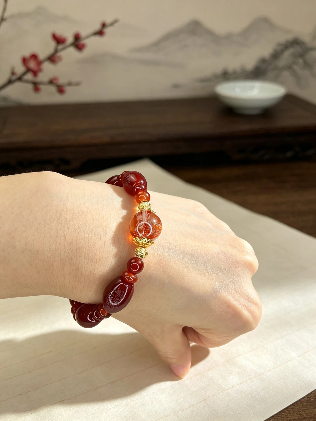 Natural Red Agate Bracelet with Gold-Foil Koi Accent | Eastern-Inspired Gemstone Jewelry