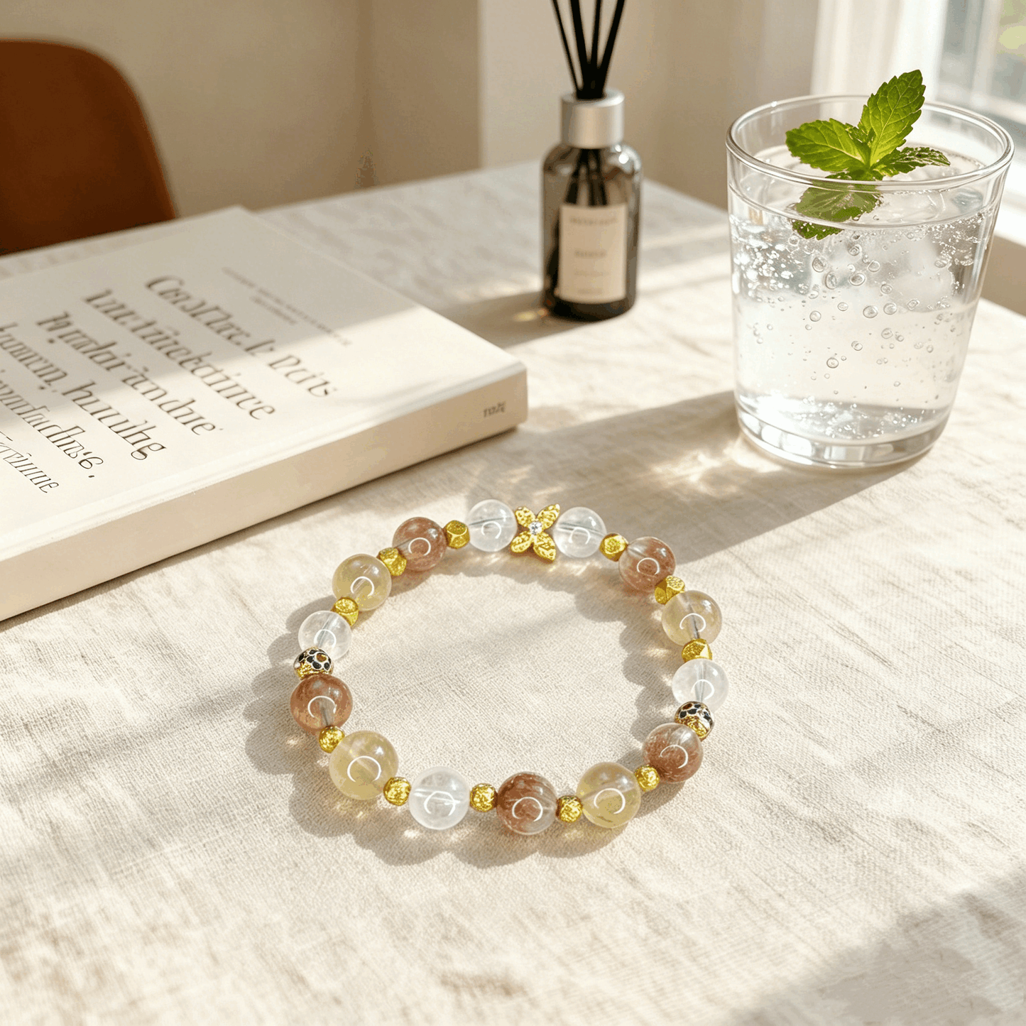 Natural Crystal Bracelet for Women | Citrine Rose Quartz White Phantom Quartz Beaded Bracelet | Oriental Luxury Jewelry Gift