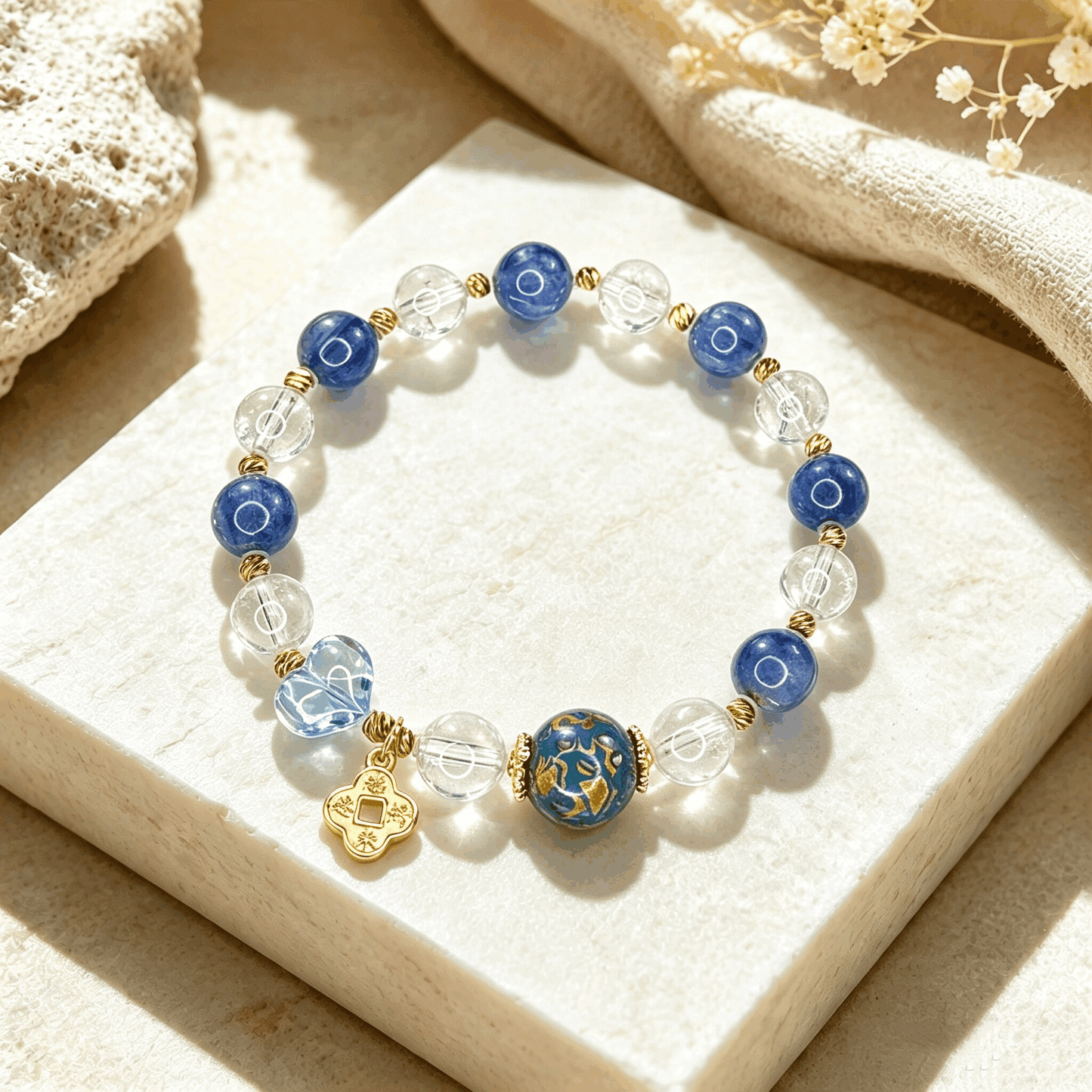 Celestial Blue Crystal Bracelet with Mother-of-Pearl Lacquer Bead, White Phantom Quartz & Aquamarine Heart Charm | Handmade Spiritual Jewelry