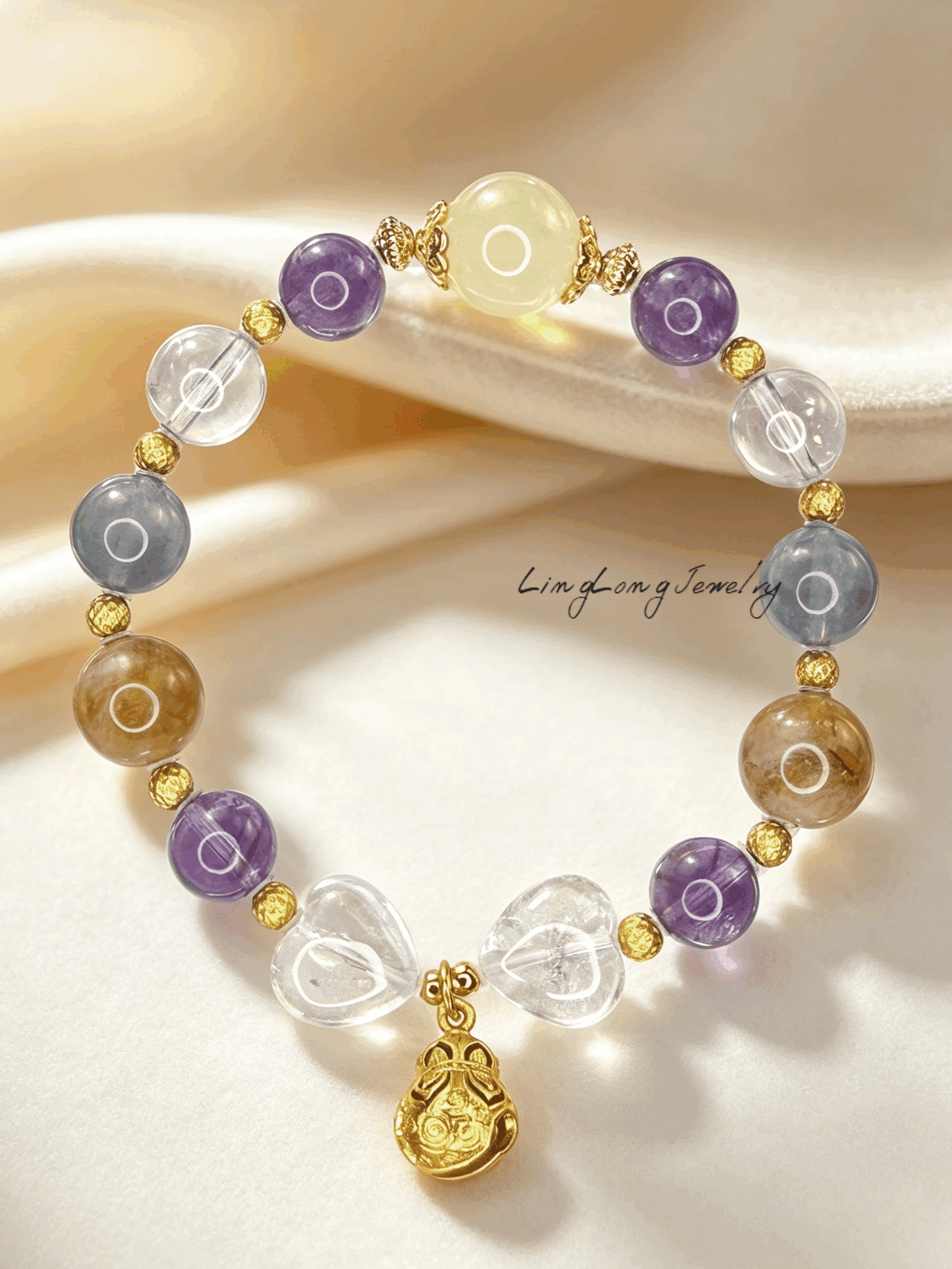 Natural Crystal Multi Stone Bracelet with 18K Gold Plated Silver | Purple Phantom Amethyst, Clear Quartz & Gemstone Jewelry