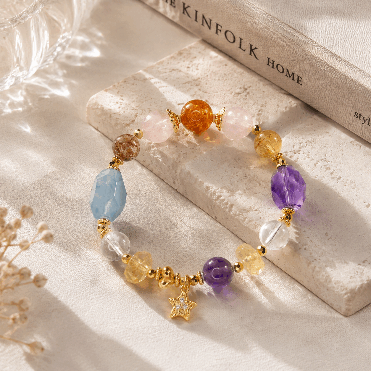 Natural Multi‑Gem Crystal Bracelet | Heritage Gold‑Wire Lacquer Bead Mother‑of‑Pearl Opal, S925 Silver Plated Real Gold Moissanite Beaded Bracelet for Women Gift