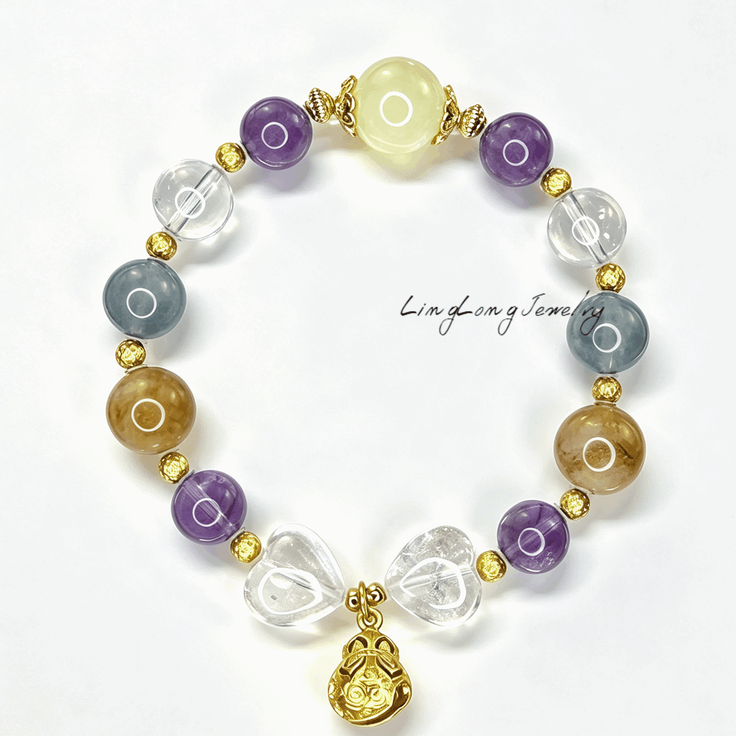 Natural Crystal Multi Stone Bracelet with 18K Gold Plated Silver | Purple Phantom Amethyst, Clear Quartz & Gemstone Jewelry