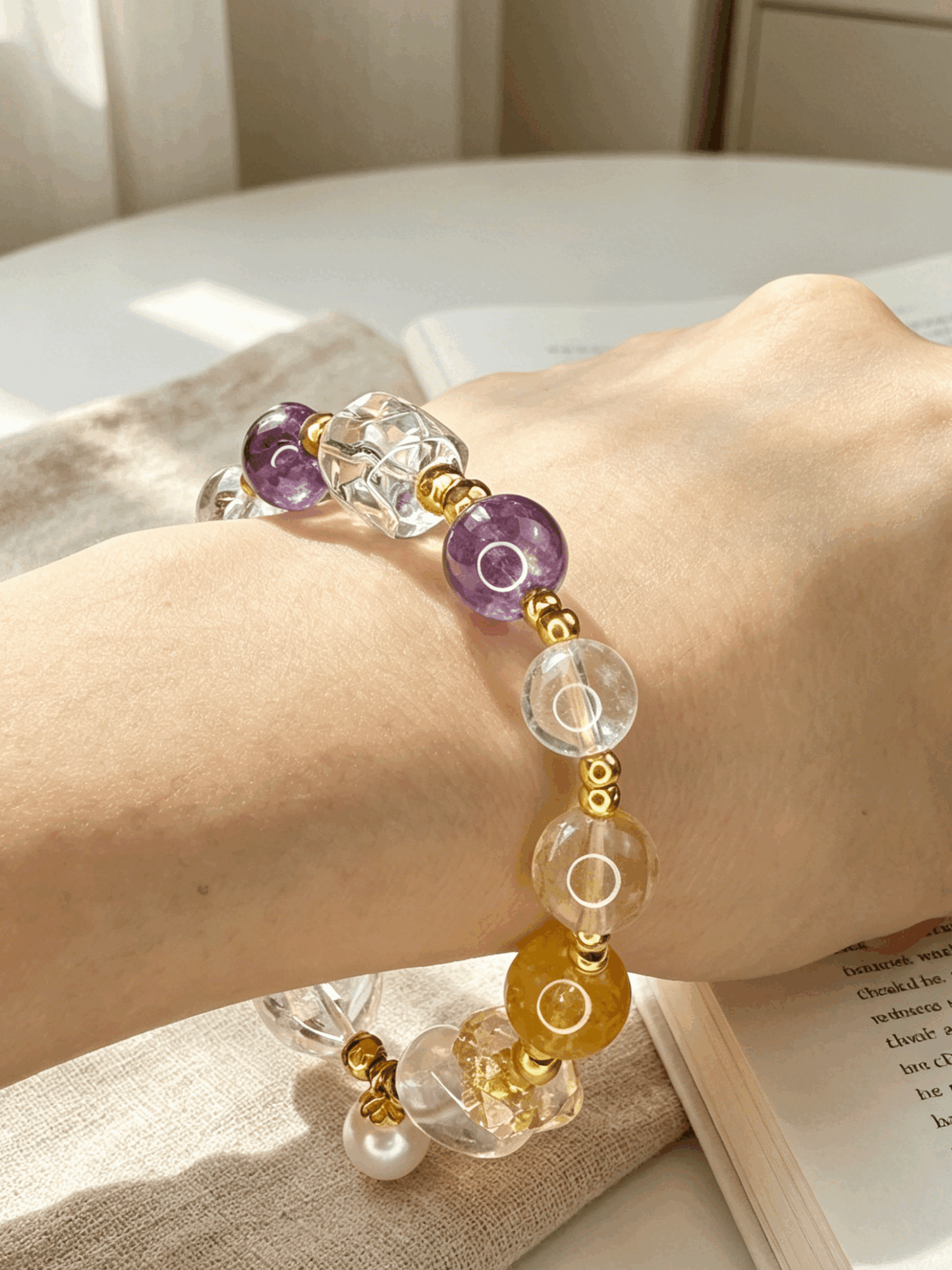 Natural Mixed Crystal Healing Bracelet 8–14mm White Phantom Aquamarine Citrine Jewelry with 18K Gold Clad Silver & Pearls