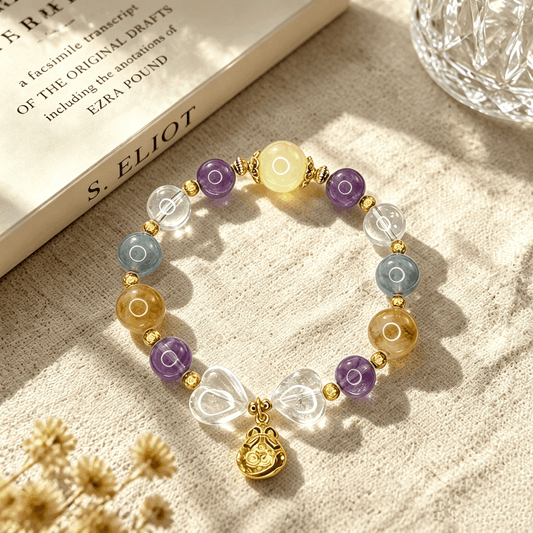 Natural Crystal Multi Stone Bracelet with 18K Gold Plated Silver | Purple Phantom Amethyst, Clear Quartz & Gemstone Jewelry