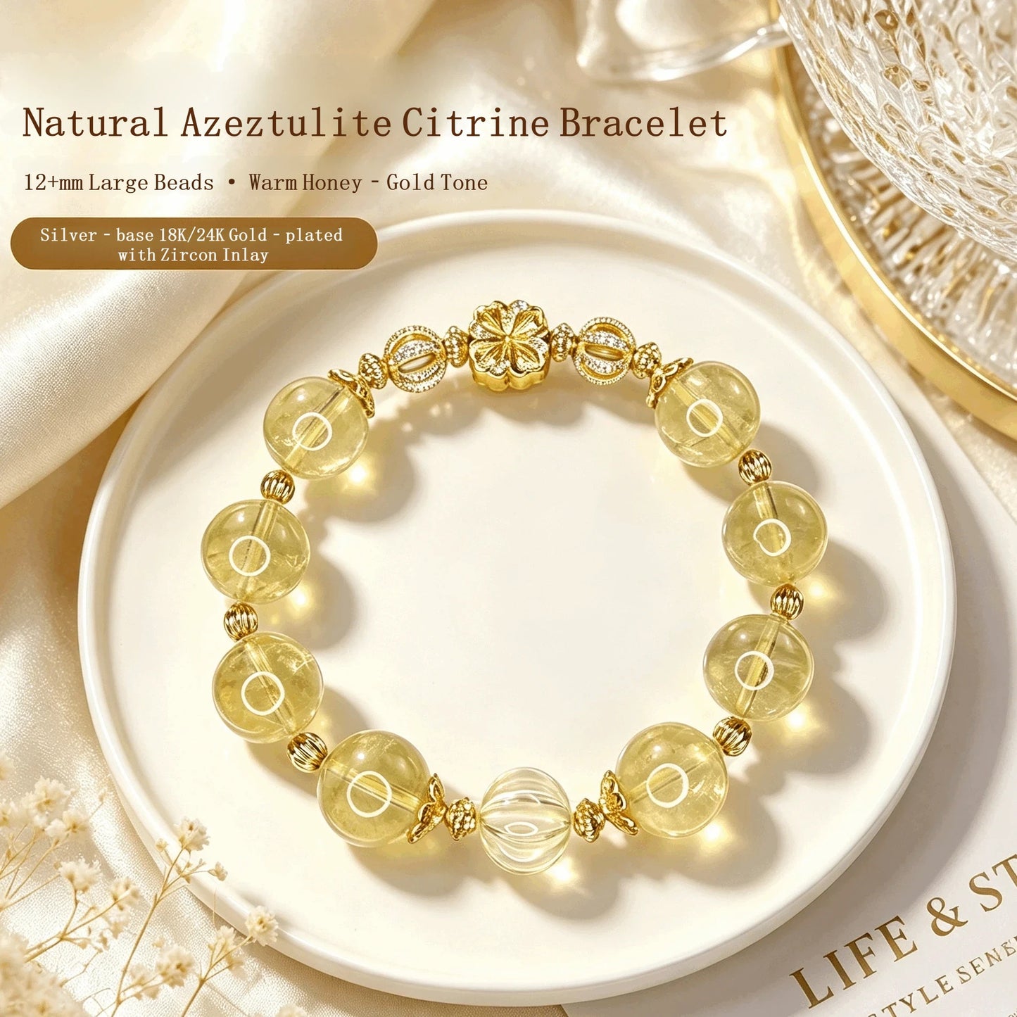 Natural Yellow Azeztulite Crystal Bracelet 12mm+ | Luxury Gold Plated Gemstone Bracelet with CZ Accents | Handmade Elegant Jewelry Gift for Women