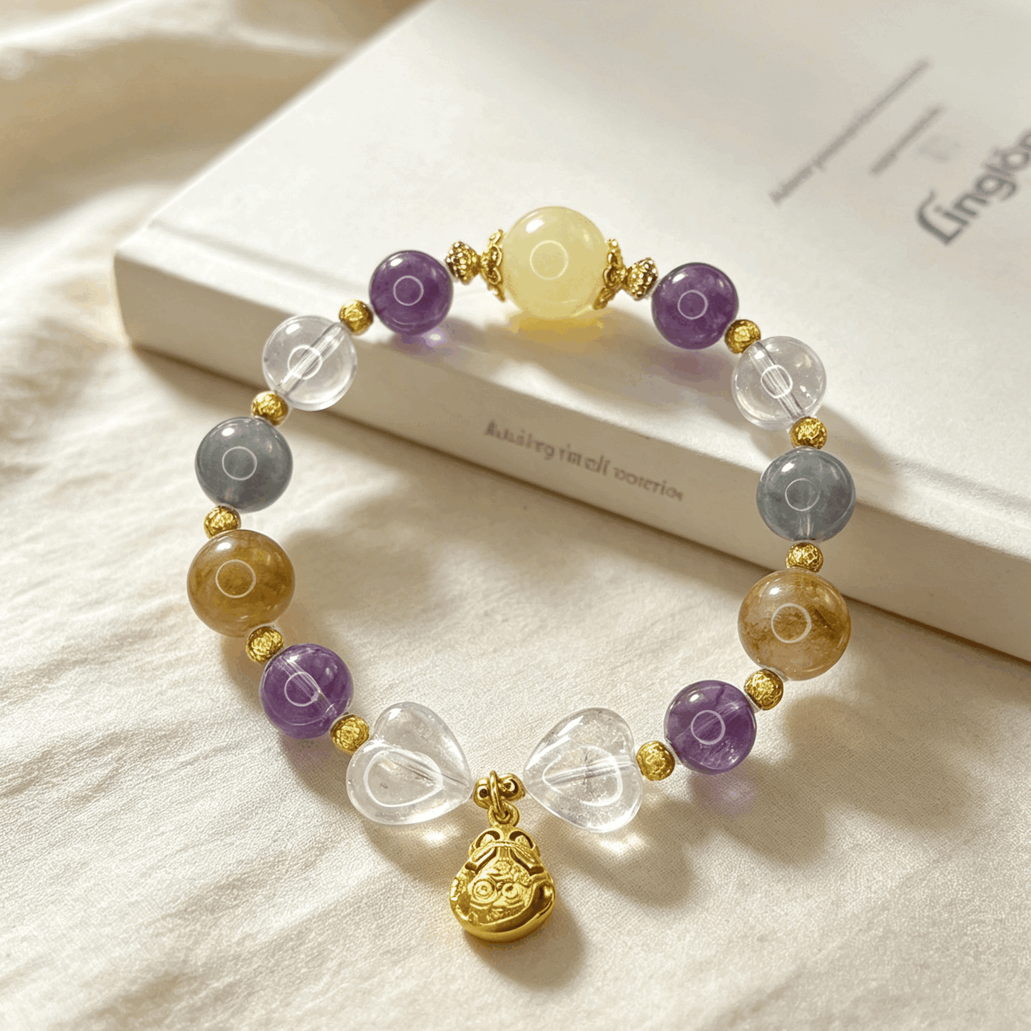 Natural Crystal Multi Stone Bracelet with 18K Gold Plated Silver | Purple Phantom Amethyst, Clear Quartz & Gemstone Jewelry
