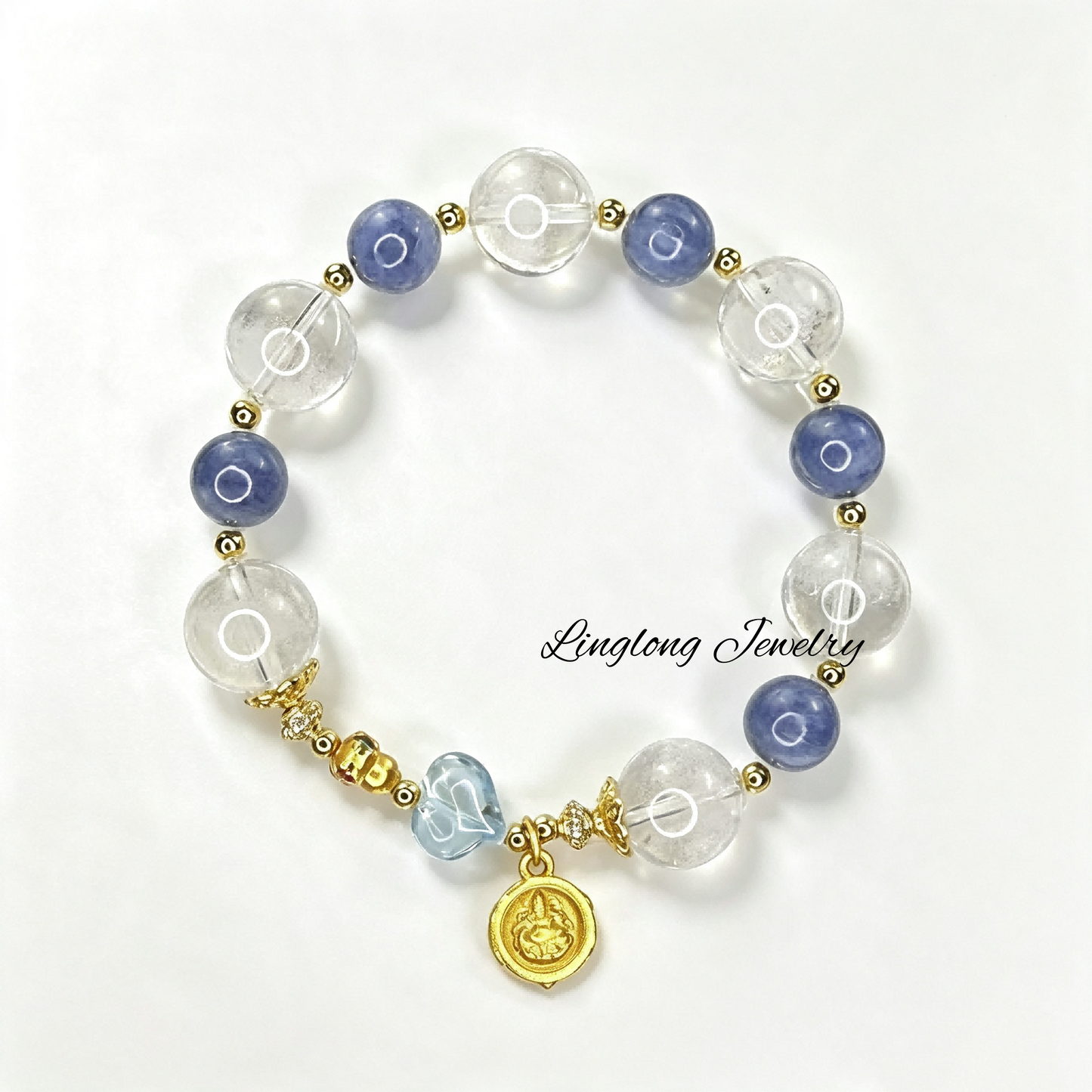 White Phantom & Blue Quartz Beaded Bracelet with Blue Topaz Peach Charm, Zhaxi Lam Tibetan Goddess Gold Pendant Natural Gemstone Bracelet for Women
