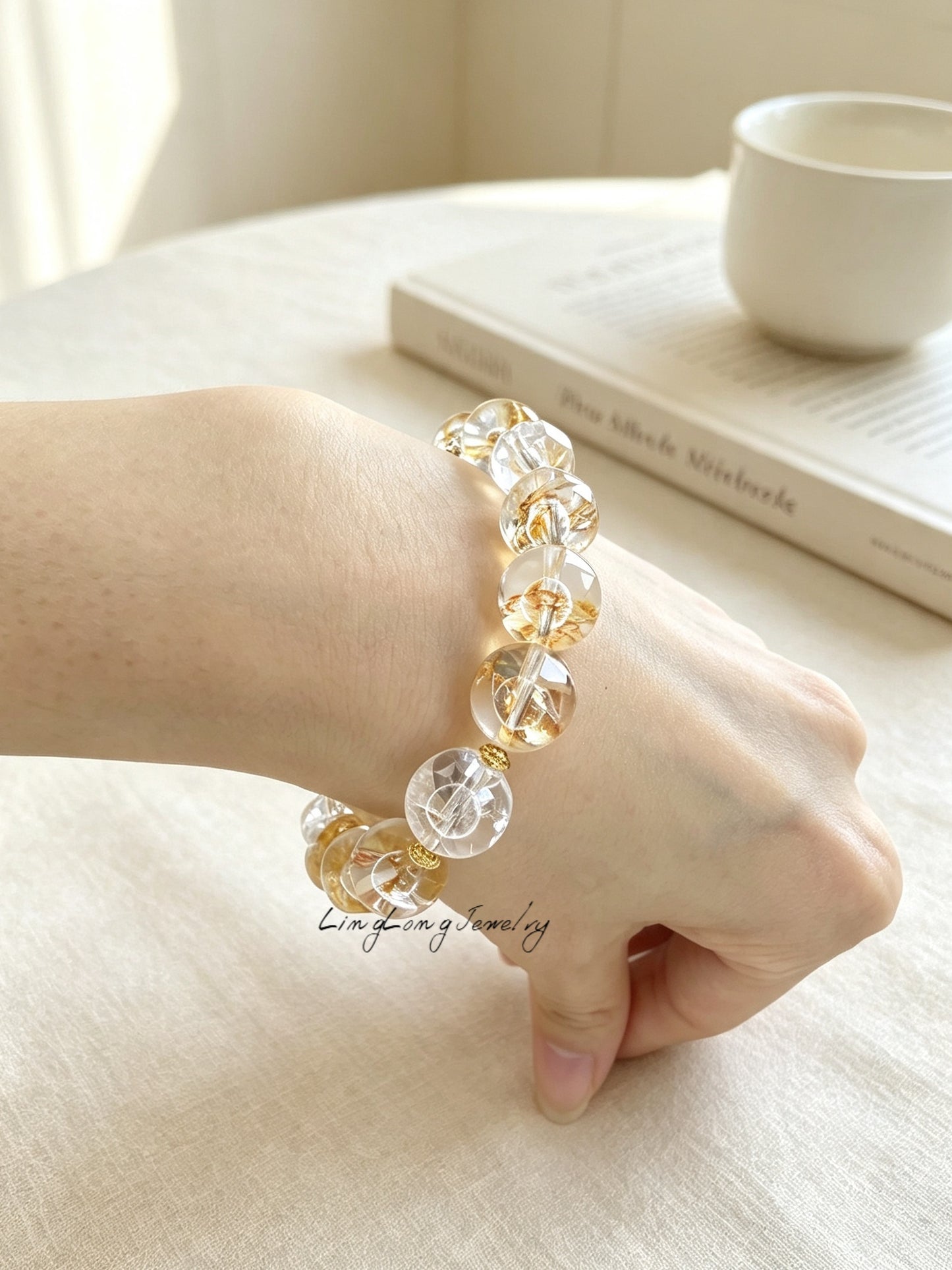 Natural Golden Yellow Quartz Bracelet with 18K Gold Accent | Luxury Crystal Jewelry Inspired by Eastern Elegance