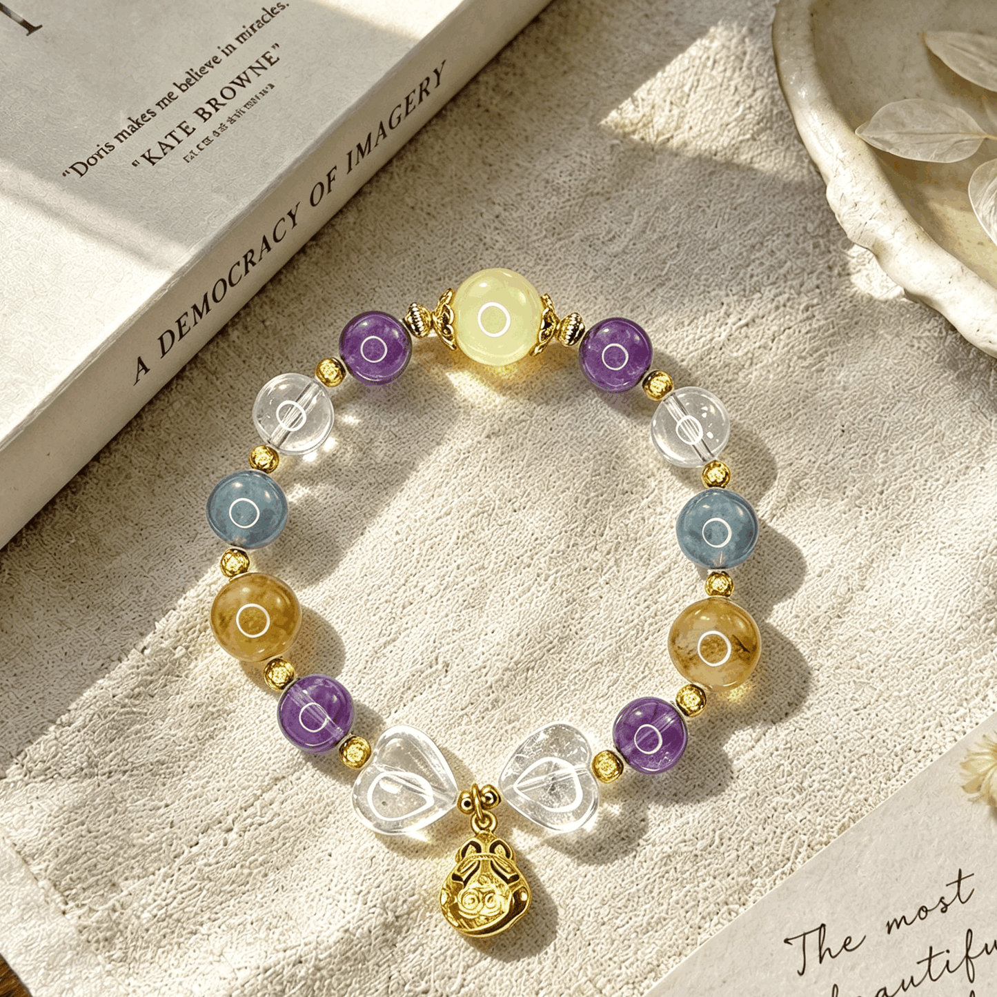Natural Crystal Multi Stone Bracelet with 18K Gold Plated Silver | Purple Phantom Amethyst, Clear Quartz & Gemstone Jewelry