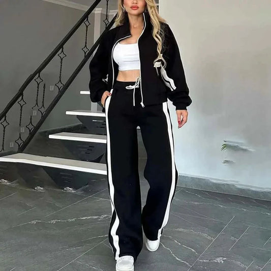 Women's Striped Zipper Jacket & Casual Pants 2-Piece Set
