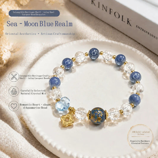 Celestial Blue Crystal Bracelet with Mother-of-Pearl Lacquer Bead, White Phantom Quartz & Aquamarine Heart Charm | Handmade Spiritual Jewelry