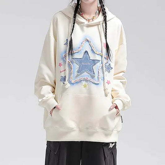 Womens Oversized Hoodies Denim Star Applique Embroidery Hoodie Streetwear Unisex Sweatshirts Pullover with Pocket
