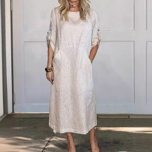 Women's Comfortable Solid Color Linen Pocket Dress