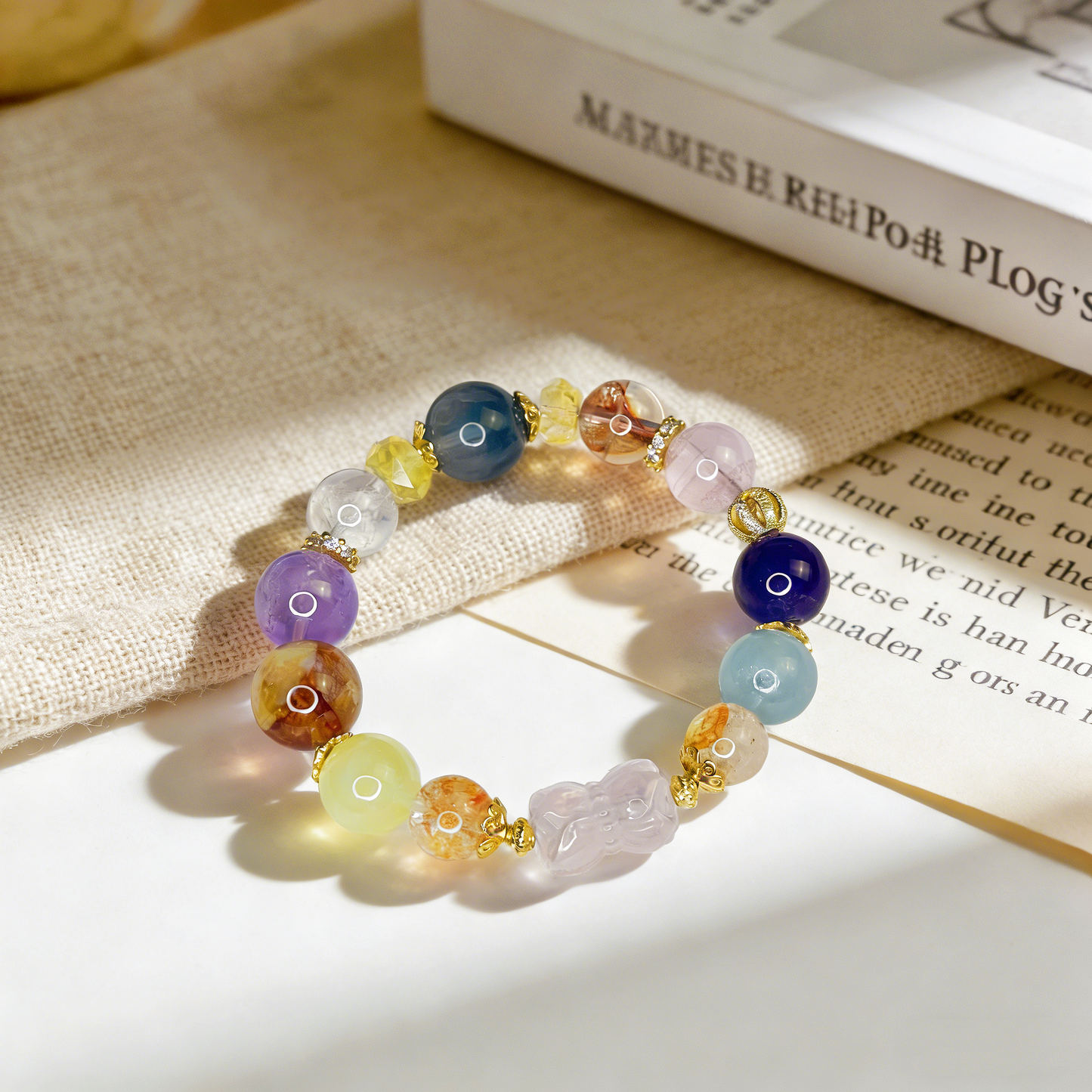 Natural Energy Multi-Gem Crystal Bracelet | 11-14mm 18K Gold Plated CZ