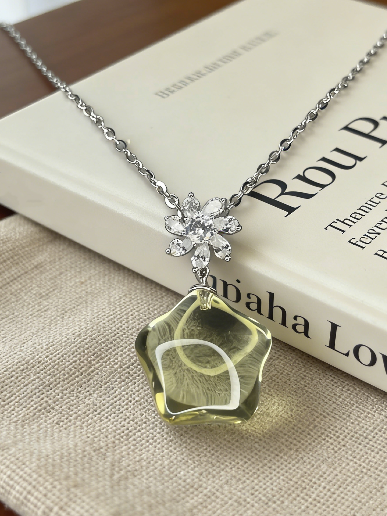 Natural Starlight Citrine Necklace 15mm Star Cut Crystal Pendant Platinum Plated Sterling Silver Jewelry