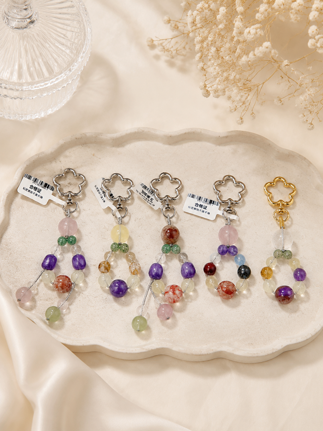 Natural Mixed Crystal Plum Blossom Keychain, Handmade Stone Bag Charm, Aesthetic Healing Crystal Pendant for Purse, Car & Phone Accessory