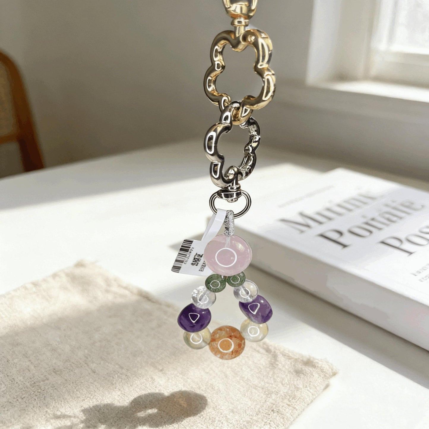 Natural Mixed Crystal Plum Blossom Keychain, Handmade Stone Bag Charm, Aesthetic Healing Crystal Pendant for Purse, Car & Phone Accessory