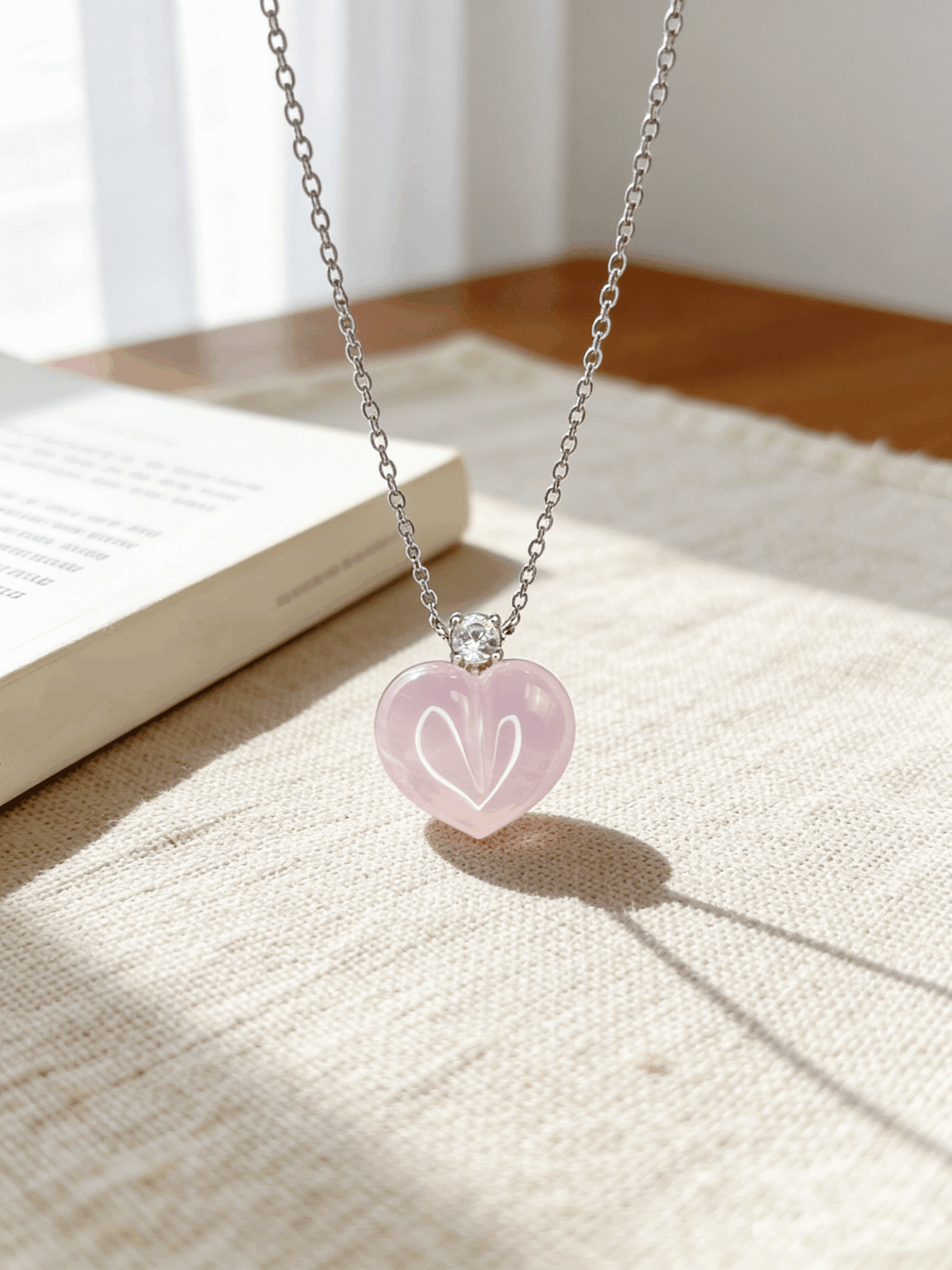 Blush Rose Quartz Heart Pendant Necklace - 990 Sterling Silver Plated with CZ Accent, Dainty Everyday Jewelry for Women