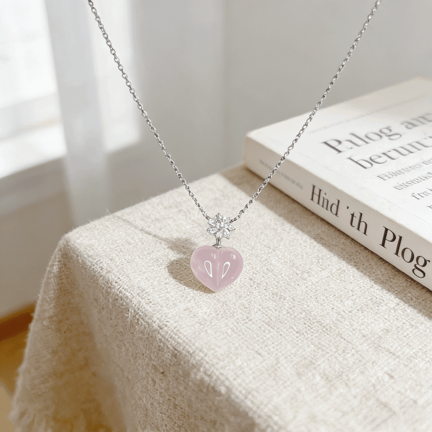 Misty Pink Starlight Natural Rose Quartz Heart Necklace