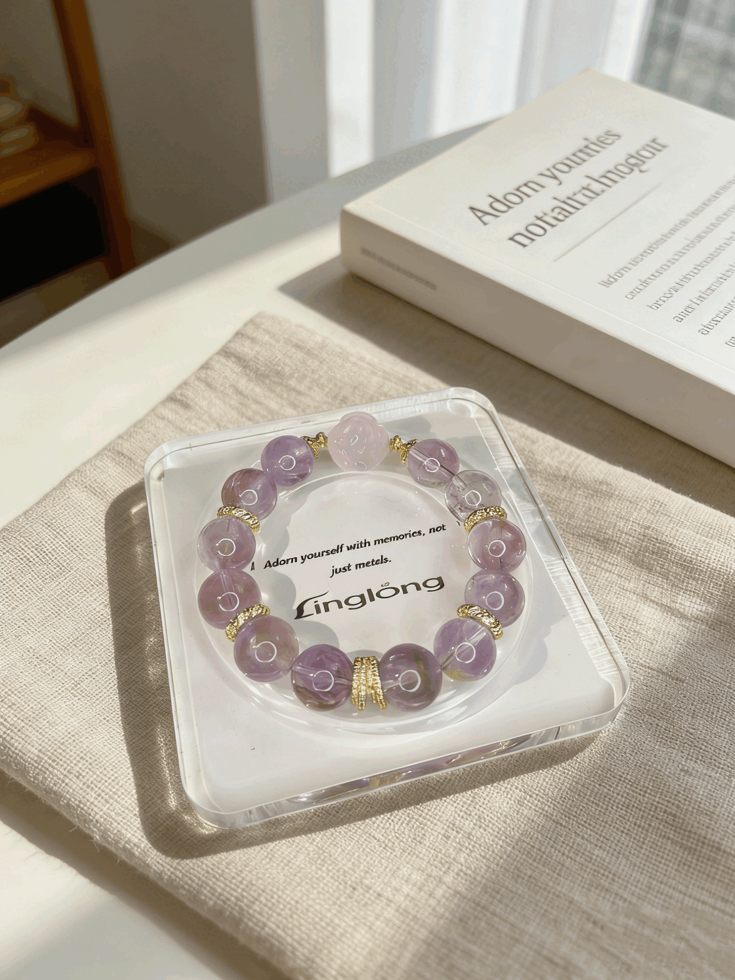 14-16mm Rainbow Lavender Amethyst Bracelet with Rose Quartz Fox Charm | 18K Gold Plated Crystal Jewelry